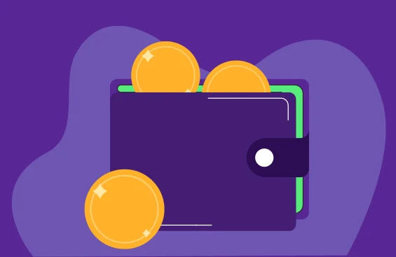 Image of a purple wallet with gold coins spilling out, set against a simple purple background.