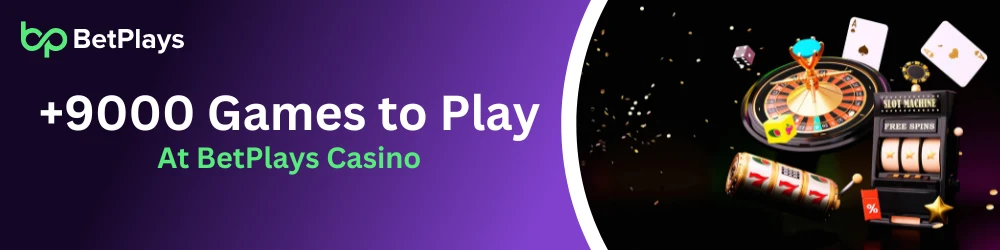 Image depicting Betplay Casino game selection, featuring a vibrant design and highlighting +9000 games available to play.