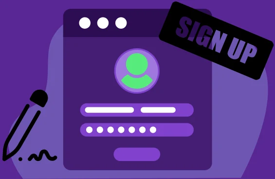 Illustration of a login and sign-up interface on a purple background, featuring a profile icon and input fields. A green 