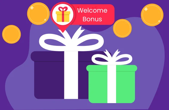 Two gift boxes with white ribbons, a Welcome Bonus label above, and gold coins scattered on a purple background.