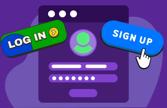 Illustration of a login and sign-up interface on a purple background, featuring a profile icon and input fields. A green 