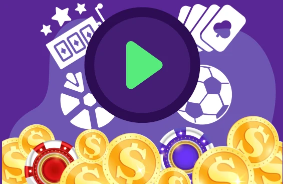 Illustration of casino elements on a purple background, including a play button, slot machine, playing cards, a soccer ball, and chips, surrounded by stacks of gold coins and colorful poker chips.