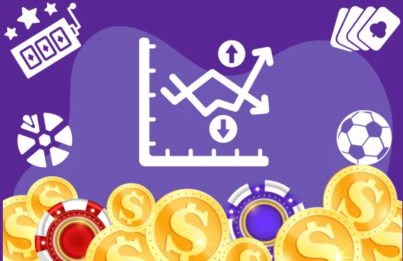 An image with a purple backdrop displaying a graph, coins, and a casino card, representing investment and gambling themes.